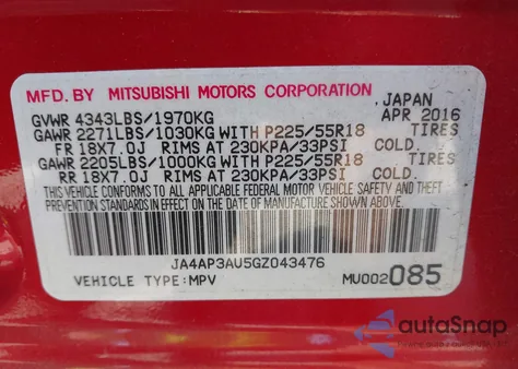 2016 Mitsubishi Outlander Sport 2.0 Es z USA, uszkodzony, nr VIN JA4AP3AU5GZ043476